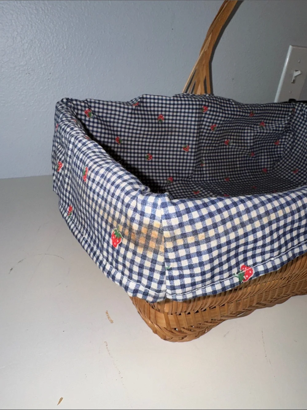 Woven Picnic Basket with Strawberry/Blue Gingham Liner & Handles